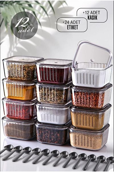 WuuQ 12 Pieces Anthracite Striped Spice Bowl Set with Labels and Spoons 300 ml - Set of 12 Storage Containers