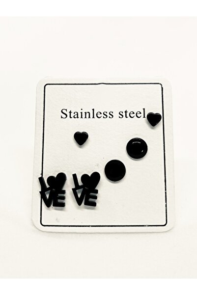 EUROMODA Love Tasarımlı Top Ve Kalp Küpeli Siyah Renkli Unisex Küpe Seti