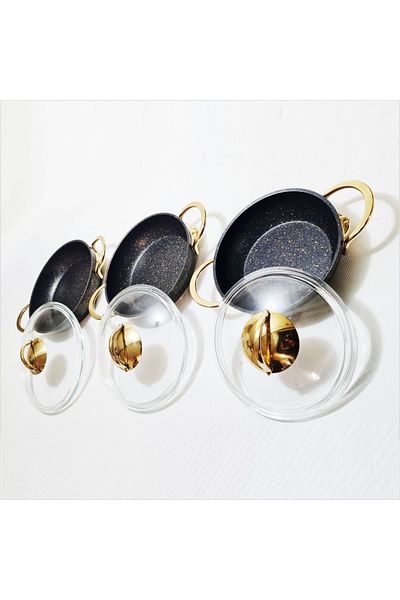 M3DECORİUM Double Handled Glass Lid Cast Granite Coated 3-Piece Pan Set