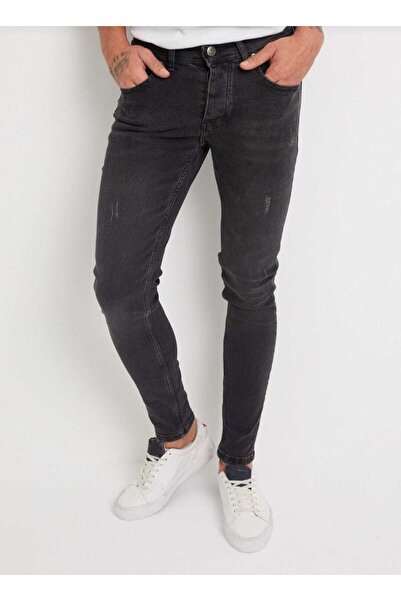 Jeanblack Γκρι ανθρακί ανδρικό τζιν παντελόνι Skinny Fit Jean Lycra με στενό κορδόνι