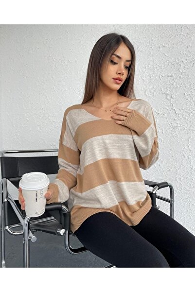 esmanin dolabı V Yaka Çizgili Triko