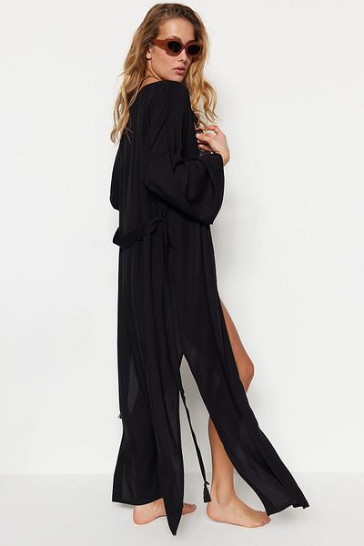 Trendyol Collection Schwarzer Maxi-Kimono und Kaftan aus Webstoff mit Gürtel TBESS21KM0152