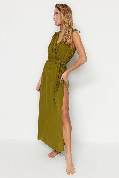 Trendyol Collection Φόρεμα παραλίας με χακί υφαντό δαντέλα TBESS23EL00074