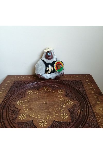 Bröer Gray Sitting Gorilla Black T-Shirt with Straw Hat and Earrings Filled Plastic Head Toy Made in Korea