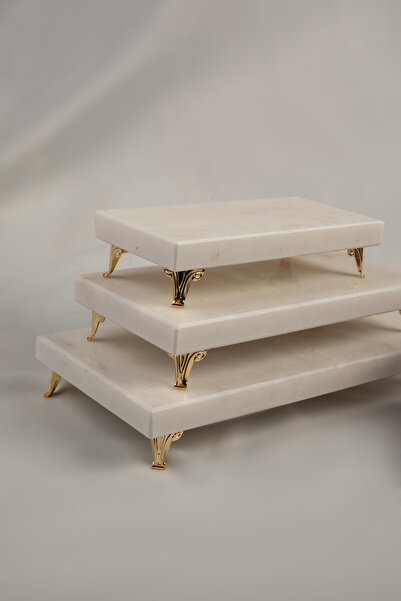 MERALP 3'lü Altın Mermer Çeyiz Seti Sunumluk & Peçetelik & Rulo Peçetelik Pasta Sunumu,metal Profil Ayak