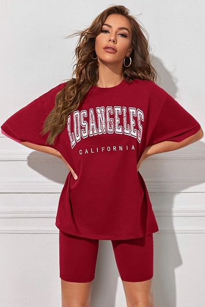 MODAGEN Γυναικείο μπλουζάκι μπορντό Los Angeles με στάμπα Oversize