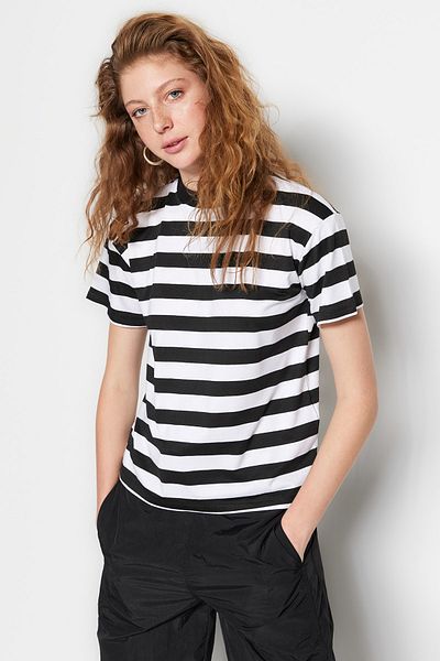 Trendyol Collection Black and White Striped Basic High Collar Knitted T-Shirt TWOSS21TS1204