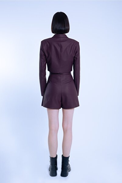 BERFUĞ KIRAN Bordo Deri Önü Pileli Düşük Bel Arkası Şort Etek