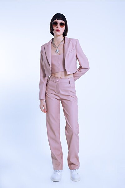 BERFUĞ KIRAN Pembe Düz Paça Deri Pantolon