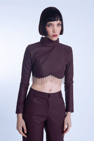 BERFUĞ KIRAN Burgundy Long Sleeve Velvet Jewelled Blouse
