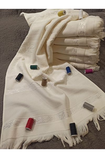 ŞENER HOME Set of 6 Etamine Embroidered Cream Velvet 30x50 Kitchen Hand Towels with Gaps and Tassels