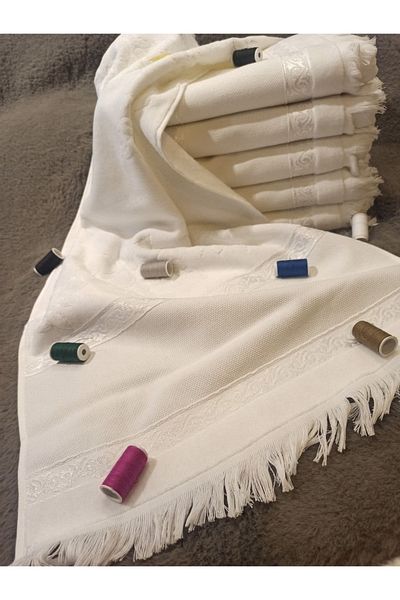 ŞENER HOME Set of 6 Etamine Embroidered White Velvet 30x50 Kitchen Hand Towels with Gaps and Tassels