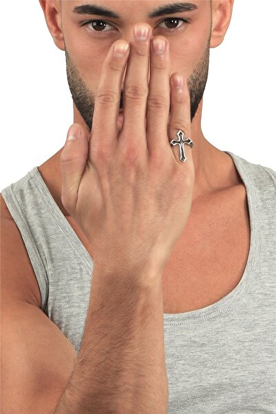 LABALABA Erkek Antik Gümüş Kaplama Ayarlanabilir Haç Formlu Yüzük