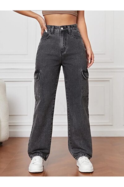 SHEVEGA Smoked High Waist Women's Cargo Pocket Lycra Wide Leg Loose Jeans Flare Jeans