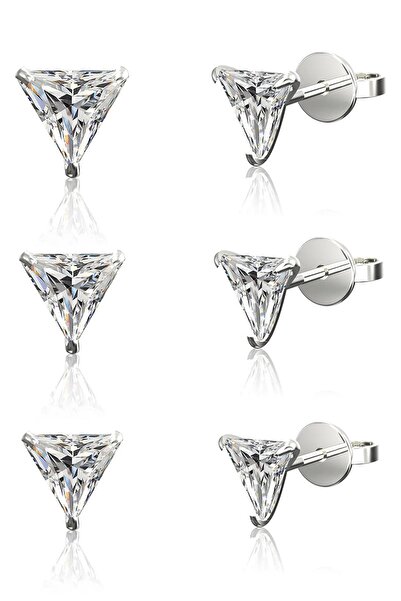Begonia Accessories 925 Ayar Gümüş; Üçgen Zirkon Tek Taş Unısex 1 Çift Küpe