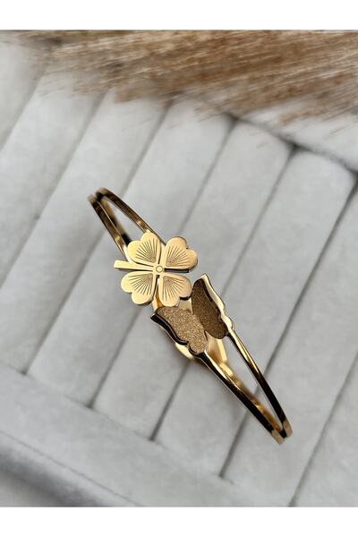 Çelik Harika Bijuteri Yonca Ve Kelebek Detaylı Altın Kaplama Kelepçe Bileklik