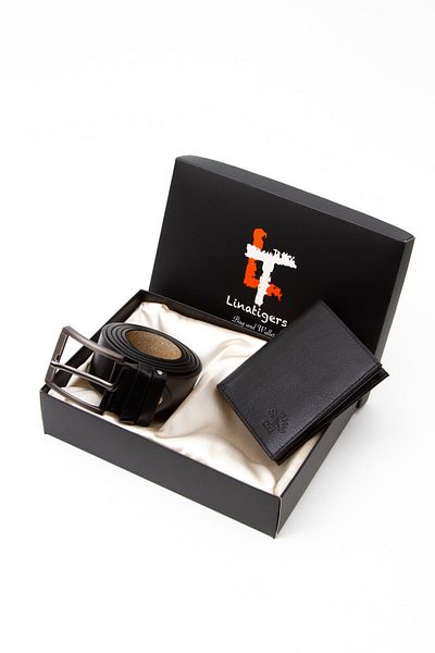 Linatigers Original Men's Genuine Leather Wallet And Black Imported Belt Set Special Boxed Gift Set