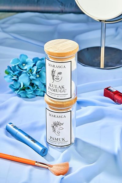FBZhome Βάζο Marasca Ear Cotton & Cotton Organizer 2 τεμαχίων με καπάκι από μπαμπού 250 ml από βοριοπυριτικό γυαλί
