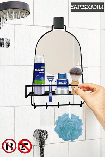 decorev Decorative Adhesive Mirrored Bathroom Hanger with Shower Cabin Shelf Black - No Screws! - No Holes! - Dc -5597