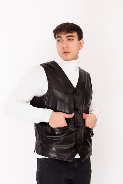 NEW VENTURE GIAN FERRE SOLID LEATHER Erkek Deri Yelek Siyah Yklasik