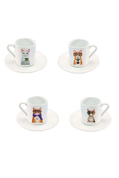 GünayStore Cute Cat Printed Turkish Coffee Cup Set 8 Pieces