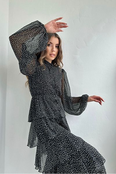 Seda Yalçın Atelier Μαύρο πουά φόρεμα σιφόν με πούλιες