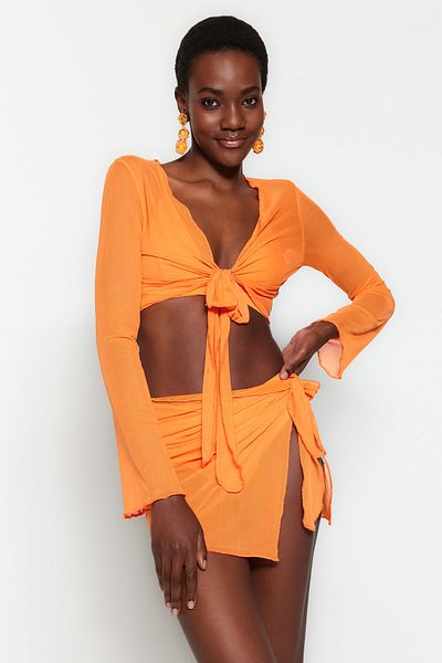 Trendyol Collection Narancssárga szőtt hálós blúz szoknyakészlet TBESS23AU00033