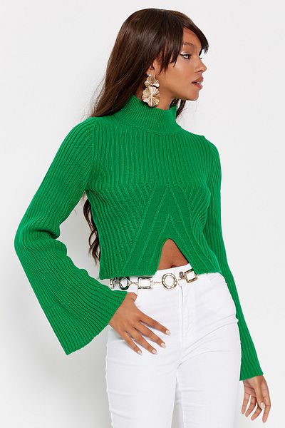 Hopoi Pulover de damă verde smarald cu mânecă spaniolă Tt3144