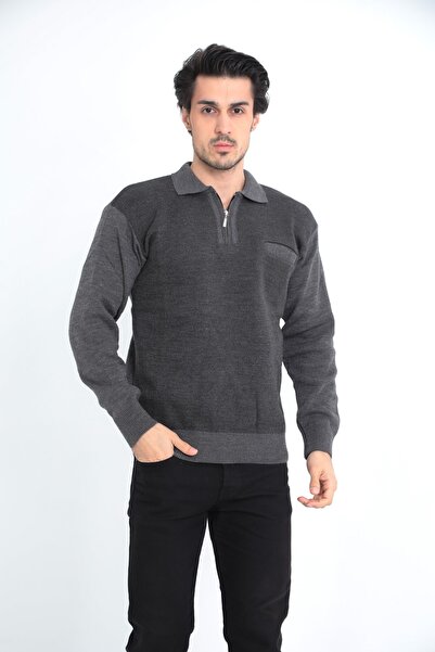 KMKkombin Baba Akrilik Iplik Gömlek Yaka Tek Cepli Kalın Erkek Kazak