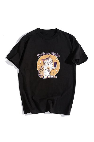 Touz My Vision Feline Cute Black Unisex Oversize μπλουζάκι