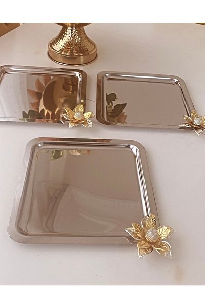 Elzemm store 3 Piece Steel Square Presentation Tray Luxury Presentation with Flower Accessories