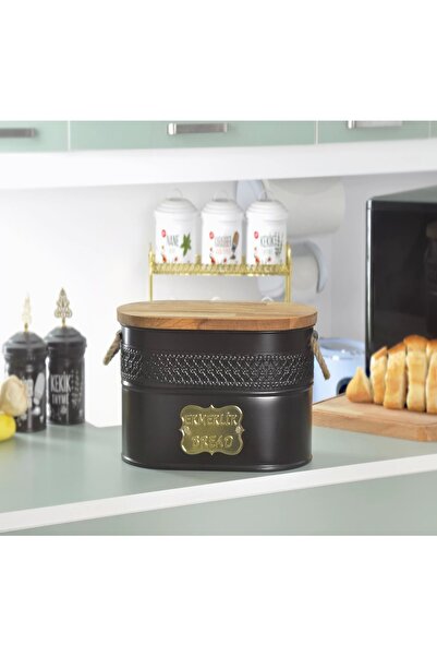 Evistro Metal Ekmeklik Natural Ahşap Kapaklı Hasır Kulplu Ekmek Kutusu