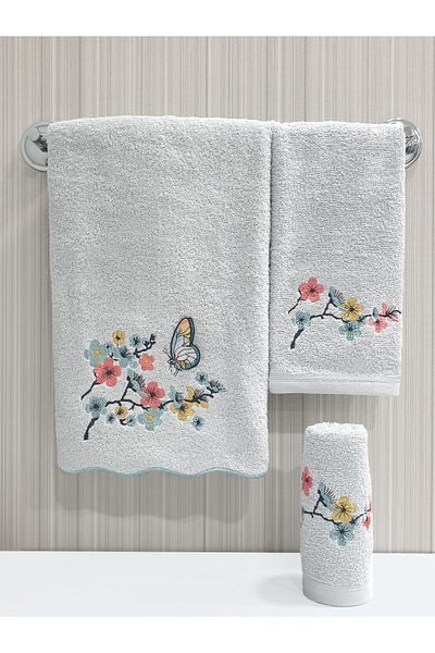 Tanem Home Wavy Edge Embroidered 3 Piece Towel Set 30x50 / 40x60 / 50x90 Cm