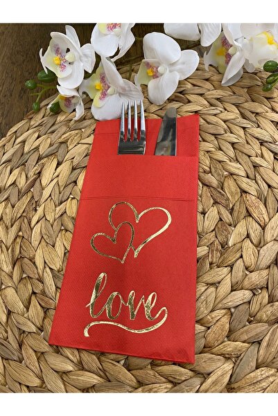 kidspartim Gold Kırmızı Cepli Aır Touch Kalpli Love Yazılı Peçete 12 Adet 40x40