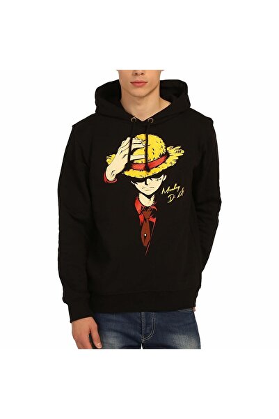 Bant Giyim - One Piece Luffy Siyah Kapüşonlu Sweatshirt