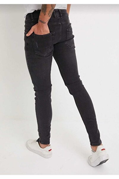 Jeanblack Γκρι ανθρακί ανδρικό τζιν παντελόνι Skinny Fit Jean Lycra με στενό κορδόνι
