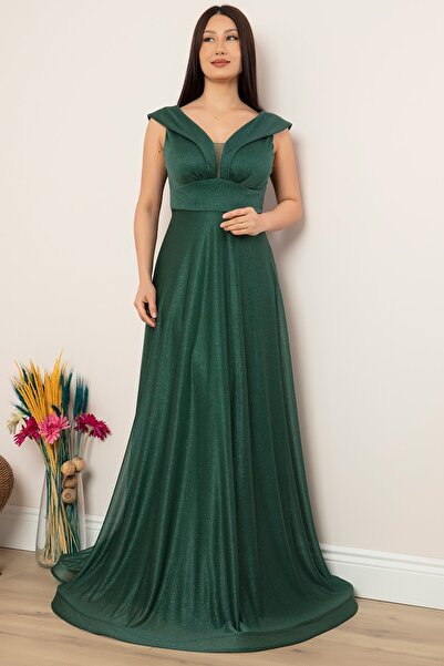 PULLIMM Ασημί τούλι μακρύ βραδινό φόρεμα 13280