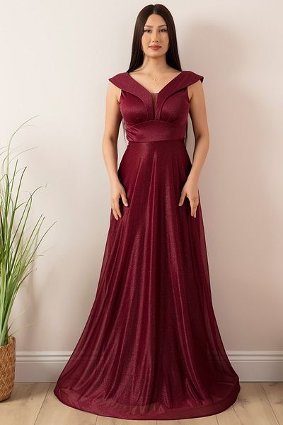 PULLIMM Ασημί τούλι μακρύ βραδινό φόρεμα 13280