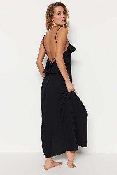 Trendyol Collection Μαύρο υφαντό φόρεμα παραλίας με βολάν TBESS19WY0004
