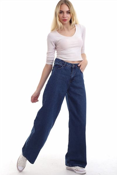 Trn JNS Vandanara Lycra Blugi de damă, albastru închis, cu talie super înaltă, pantaloni largi din denim