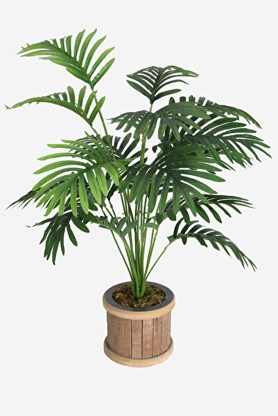 Yapay Çiçek Deposu Silindir Ahşap Saksıda Yapay 18 Dallı Areka 80 Cm