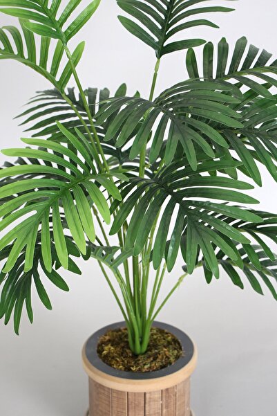 Yapay Çiçek Deposu Silindir Ahşap Saksıda Yapay 18 Dallı Areka 80 Cm