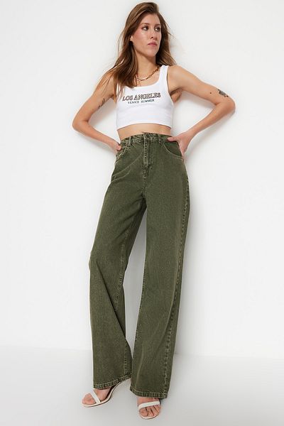 Trendyol Collection Khaki Washing Effect High Waist Wide Leg Jeans TWOSS23JE00062