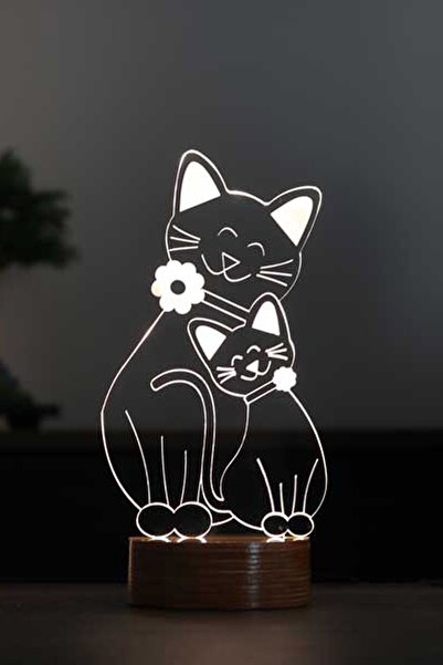 BY-LAMP Kedi Ailesi Led Masa Lambası Ahşap Taban 7 Farklı Işık Renkli Hediye ...