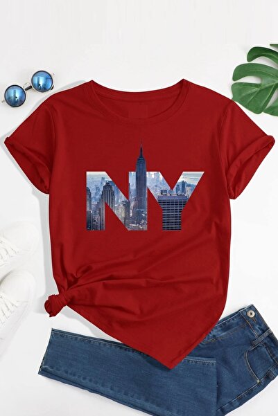 MODAGEN Unisex crvena NY Štampano Oversize kroj T-shirt