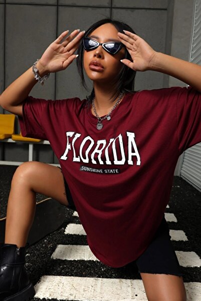 MODAGEN Women's Burgundy Florida Printed Oversize T-shirt