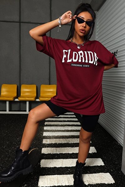 MODAGEN Women's Burgundy Florida Printed Oversize T-shirt