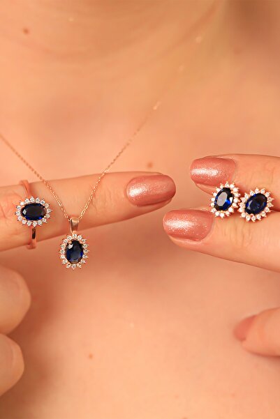 byess 925 Ayar Gümüş Safir Taşlı Elmas Monturlu Set