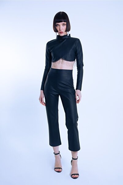 BERFUĞ KIRAN Siyah Deri Kısa Paça Pantolon