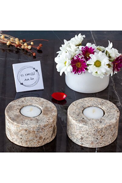 Theta Doğal Taş ve Tütsü Doğal Traverten Taş Mumluk 2 Li Silver Light